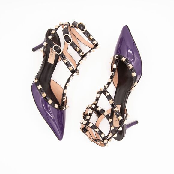 VALENTINO GARAVANI Rockstud Caged Mid Heel EU 37.5/US 7.5 Purple/Black - Picture 10 of 11